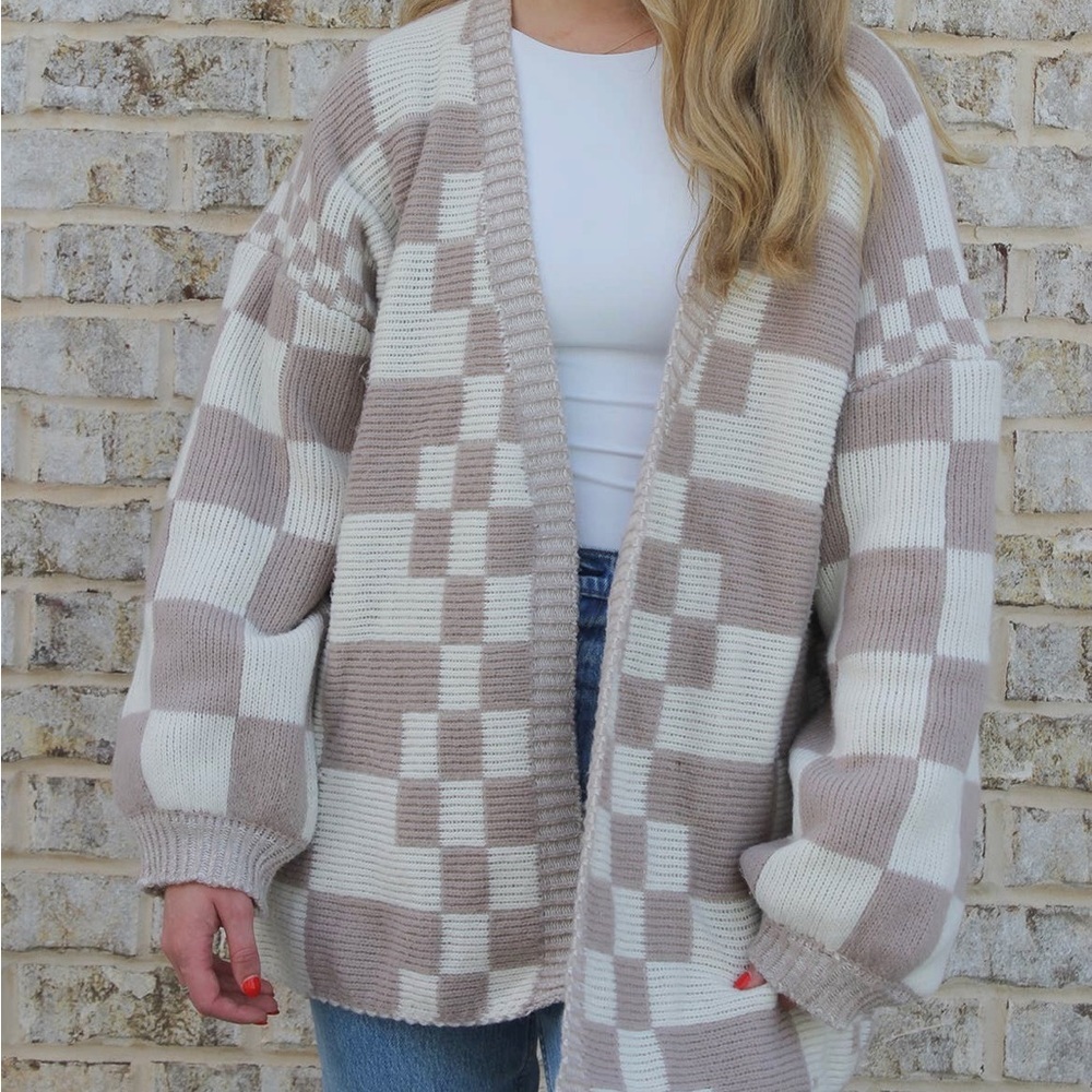 Taupe oversized knit checkered cardigan